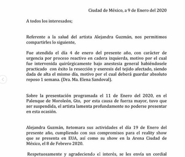 Comunicado de prensa de la cirugía de alejandra guzman