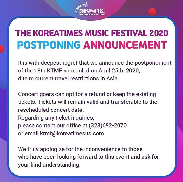 Cancelan el Korea Times Music Festival 2020 por emergencia de Coronavirus