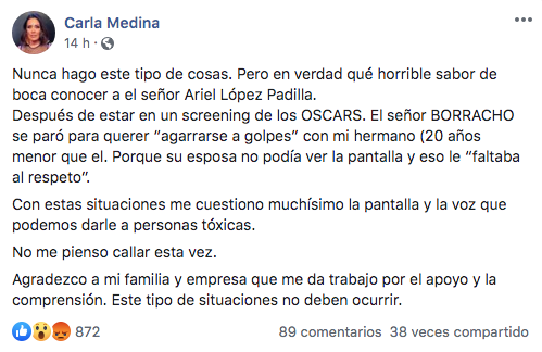 Carla Medina acusa a Ariel López Padilla de borracho violento