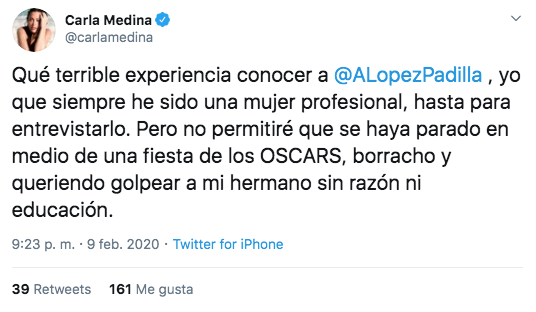 Carla Medina acusa a Ariel López Padilla de borracho violento