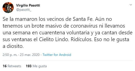 Vecinos de Santa Fe cantan "Cielito Lindo" durante cuarentena por Coronavirus