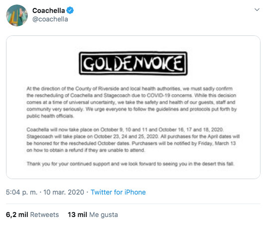 Posponen festival Coachella hasta octubre por Coronavirus