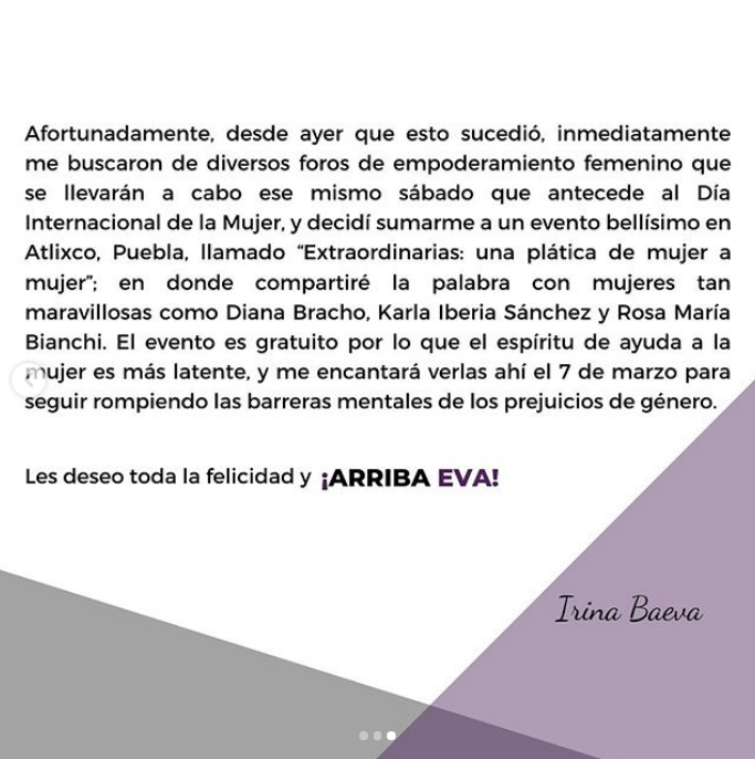 Cancelan conferencia de mujeres de Irina Baeva