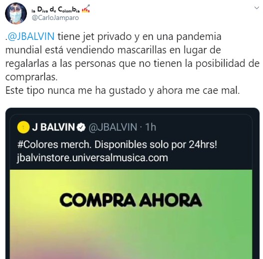 J Balvin criticado por vender mascarillas en pandemia por Coronavirus
