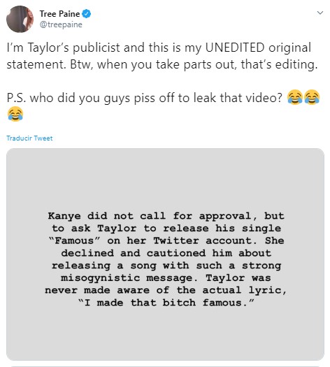 Publicista de Taylor Swift responde a Knaye West