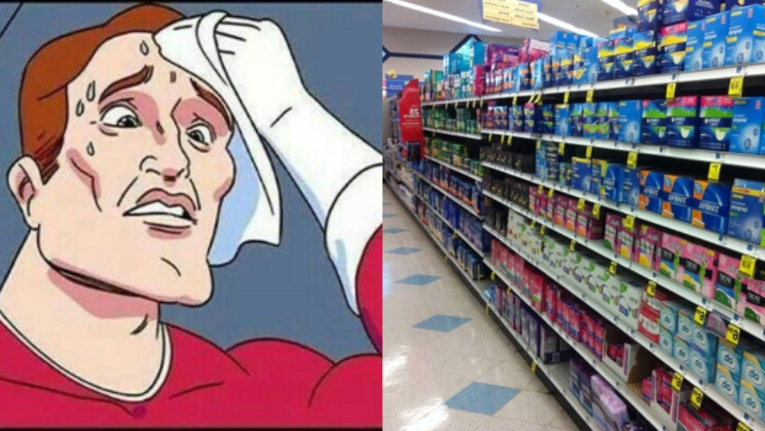 Hombres sufriendo al comprar toallas sanitarias y tampones