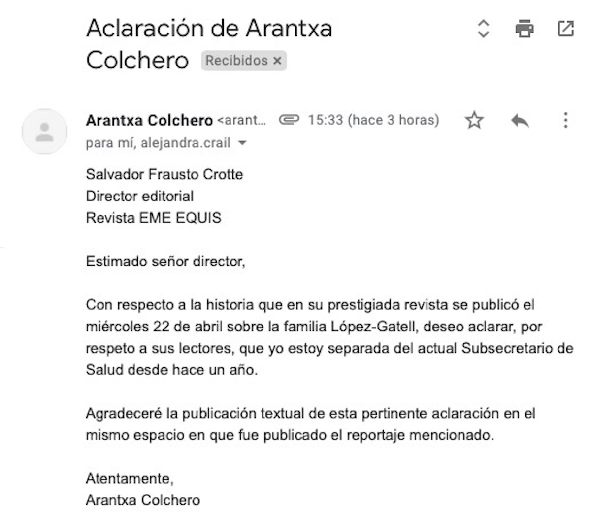 Arantxa Colchero confirma que está separada de Hugo López-Gatell