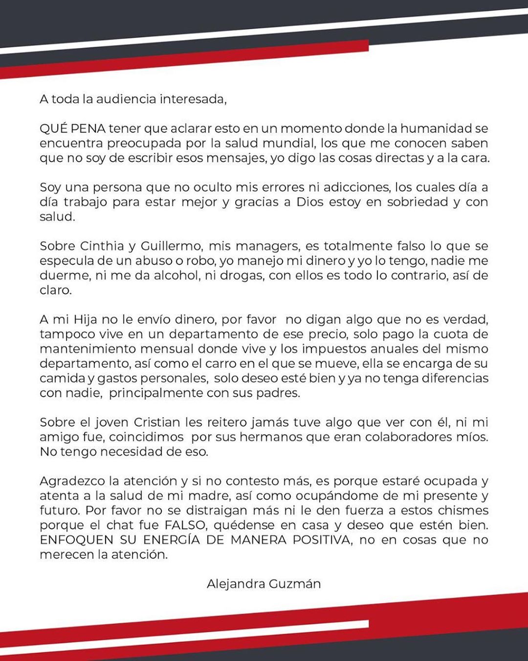 Alejandra Guzman desmiente mantener a Frida Sofia