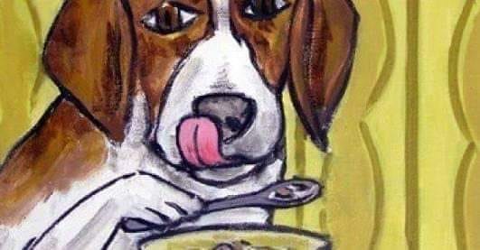 Perro comiendo cereal con cuchara