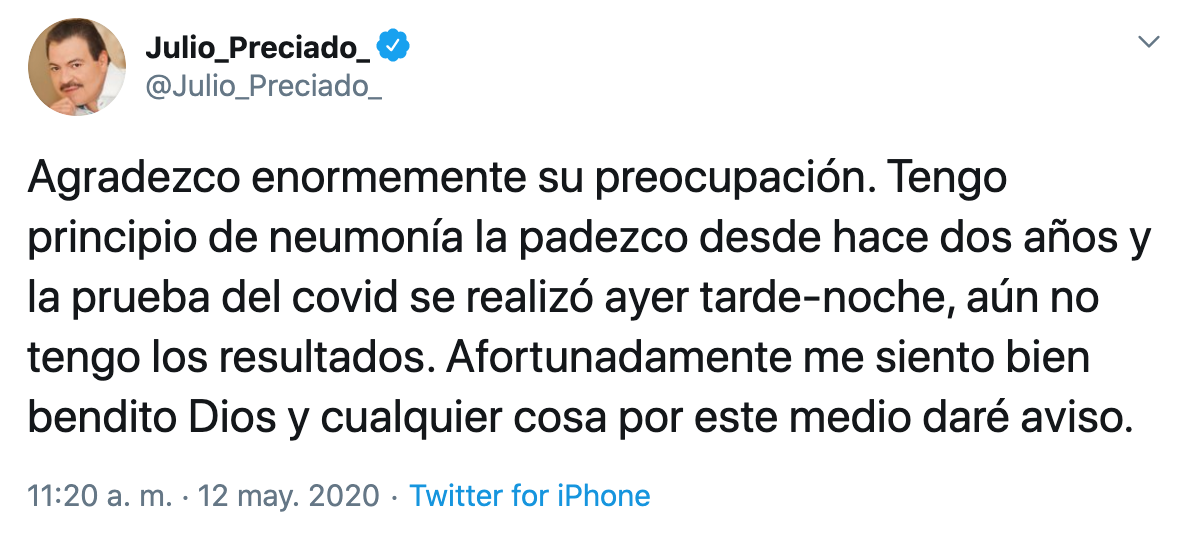 Julio Preciado internado por Coronavirus