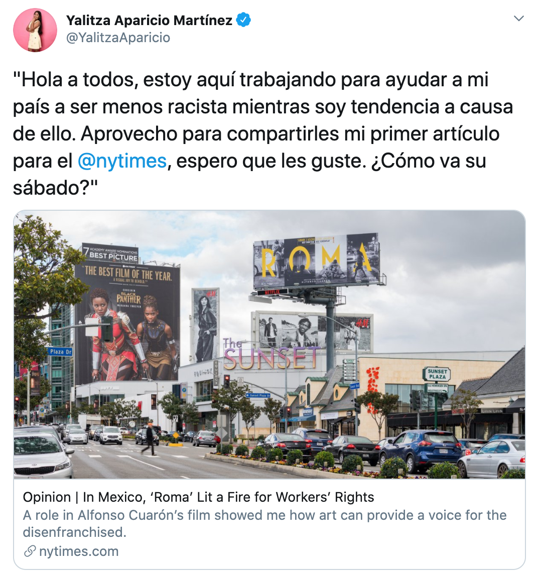 Yalitza Aparicio es criticada por su artículo en The New York Times