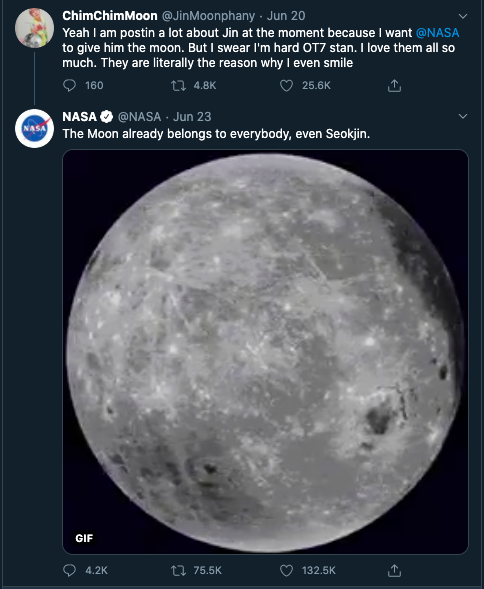 La luna le pertenece a Jin de BTS y la NASA lo confirma