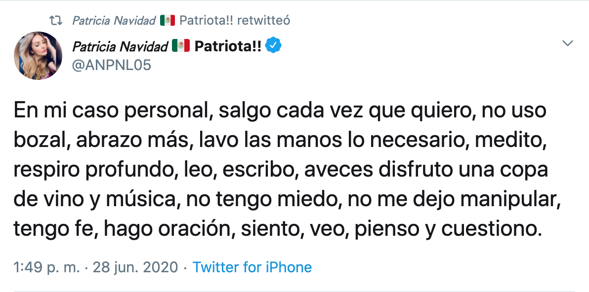 Paty Navidad se pronuncia en contra de usar cubrebocas