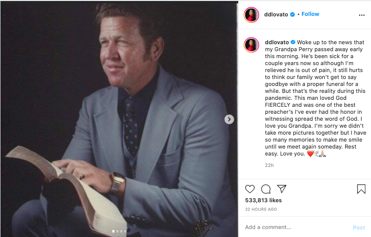 Demi Lovato manda emotivo mensaje luego de que su abuelo falleciera