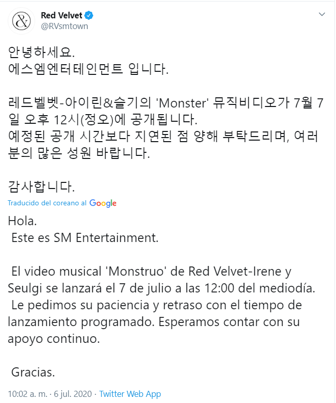 SM Entertainment retrasa el MV de Irene y Seulgi por tener "escenas sexuaIes"