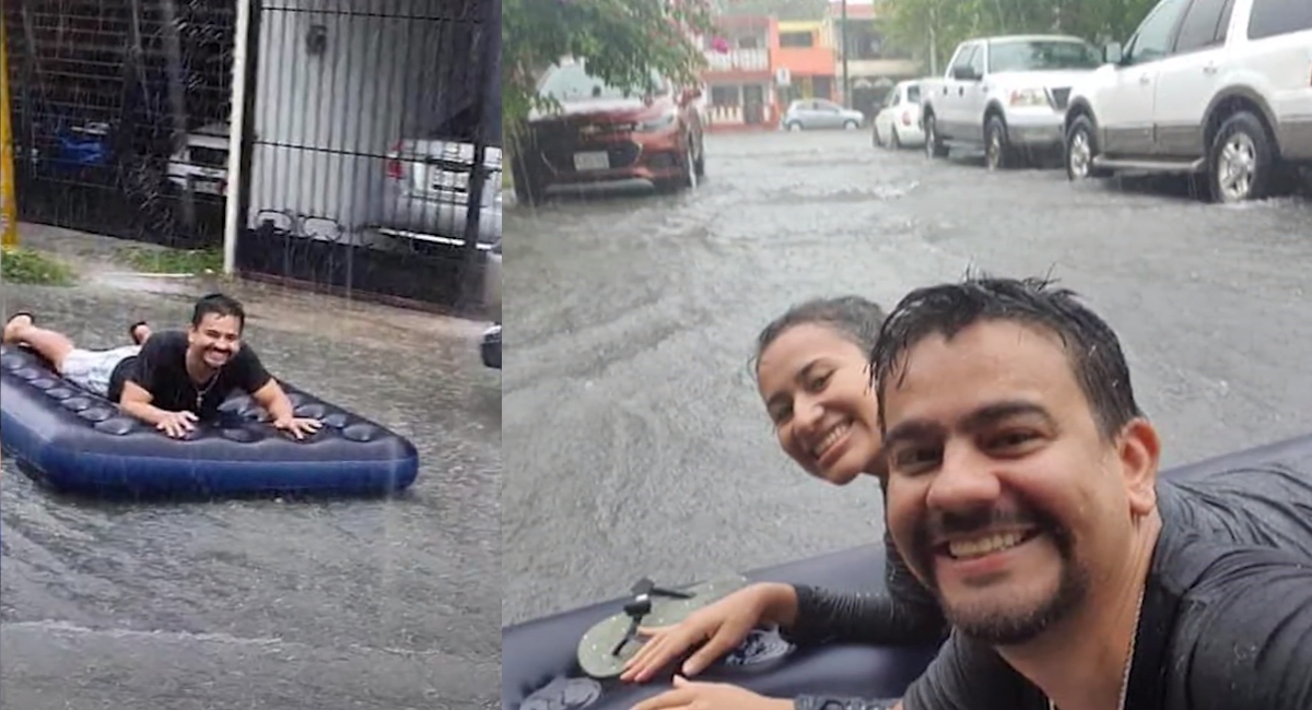 Pareja da paseo sobre colchón inflable en el huracán Hanna