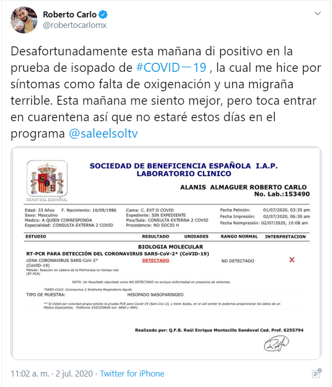 A pocos días de su compromiso con su novio, Roberto Carlo da positivo a Covid 19