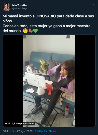 Él es "Dinosabio", la marioneta creada por maestra para sus clases en línea 
