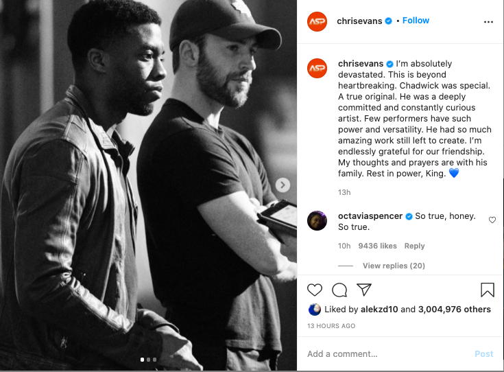 Los Vengadores se unen a las condolencias tras el fallecimiento de Chadwick Boseman
