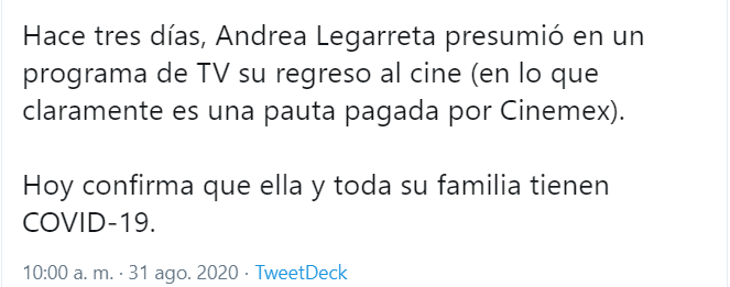 Andrea Legarreta se contagió de Covid por ir al cine