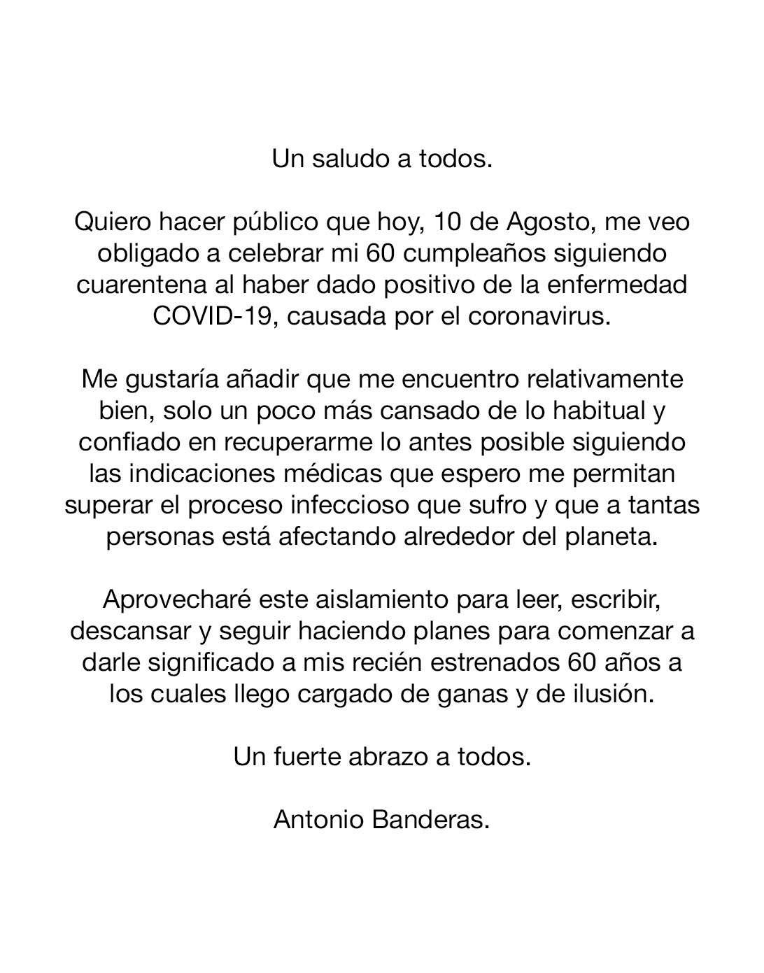 Antonio Banderas da positivo a prueba de coronavirus