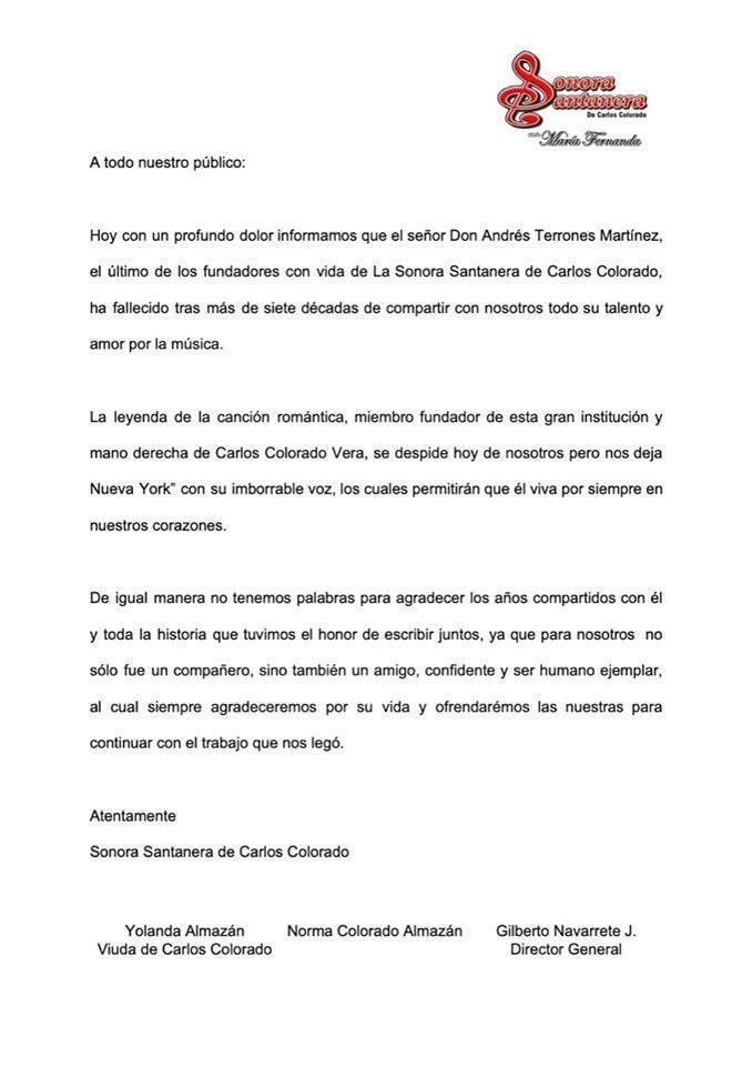 AndrÃ©s Terrones, fundador de la Sonora Santanera, muere