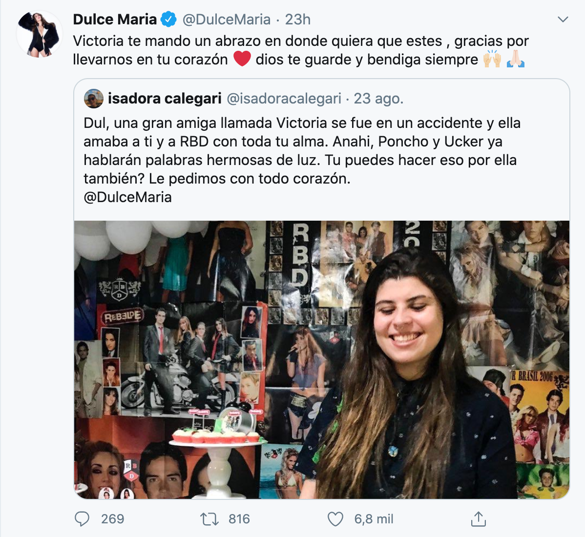 Integrantes de RBD lamentan la muerte de su fan Victoria