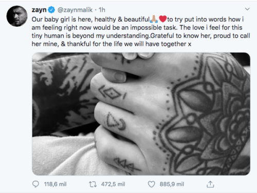 Foto y Tuit de Zayn malik y la mano de su bebita