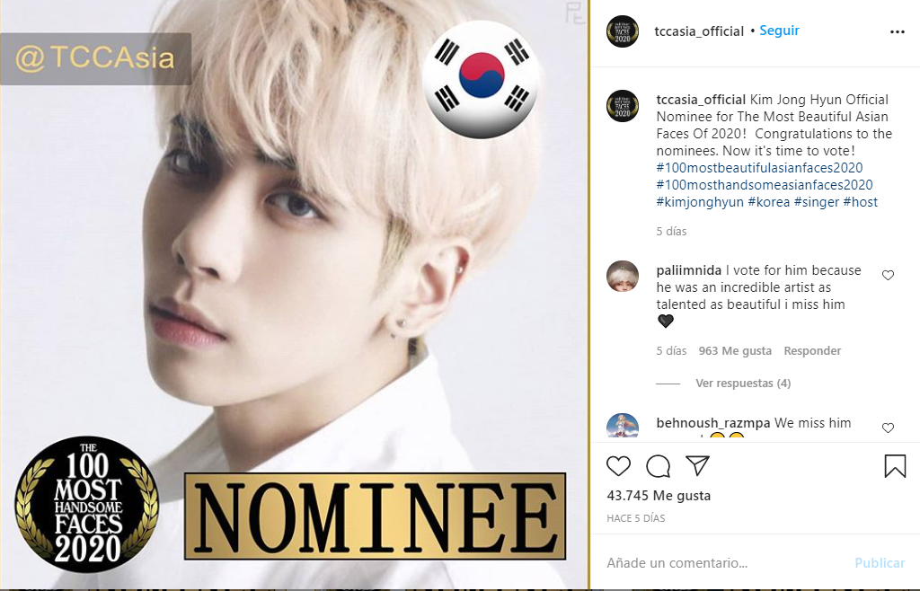 Jonghyun, idol fallecido de SHINee, es nominado a los 'Rostros Más Bellos de Asia 2020'