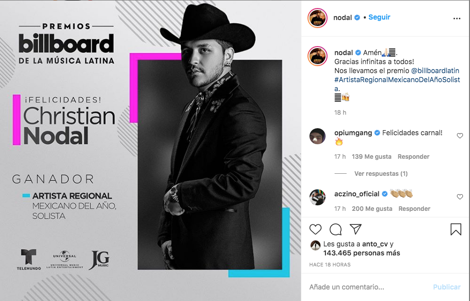 Christian Nodal presume premio en Billboard 2020