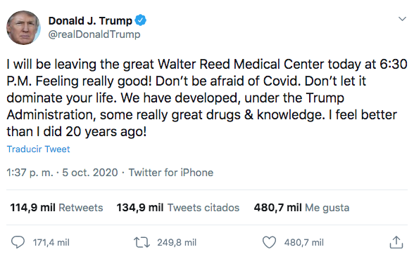 Tuit de donald trump por el covid-19