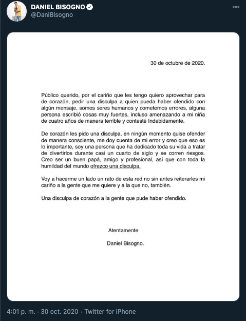 Daniel Bisogno anuncia su retiro tras haber sido insultado por polémicas