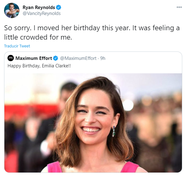 Ryan Reynolds esta molesto con Emilia Clarke
