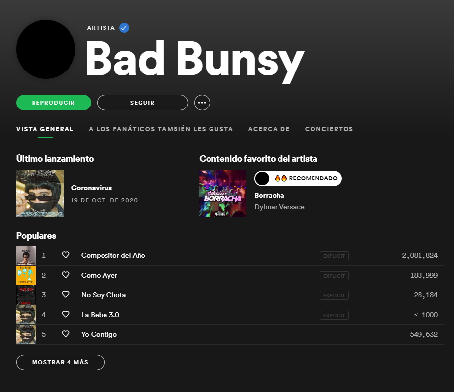 El perfil de Spotify de Bad Bunsy es de Bad Bunny y son sus canciones
