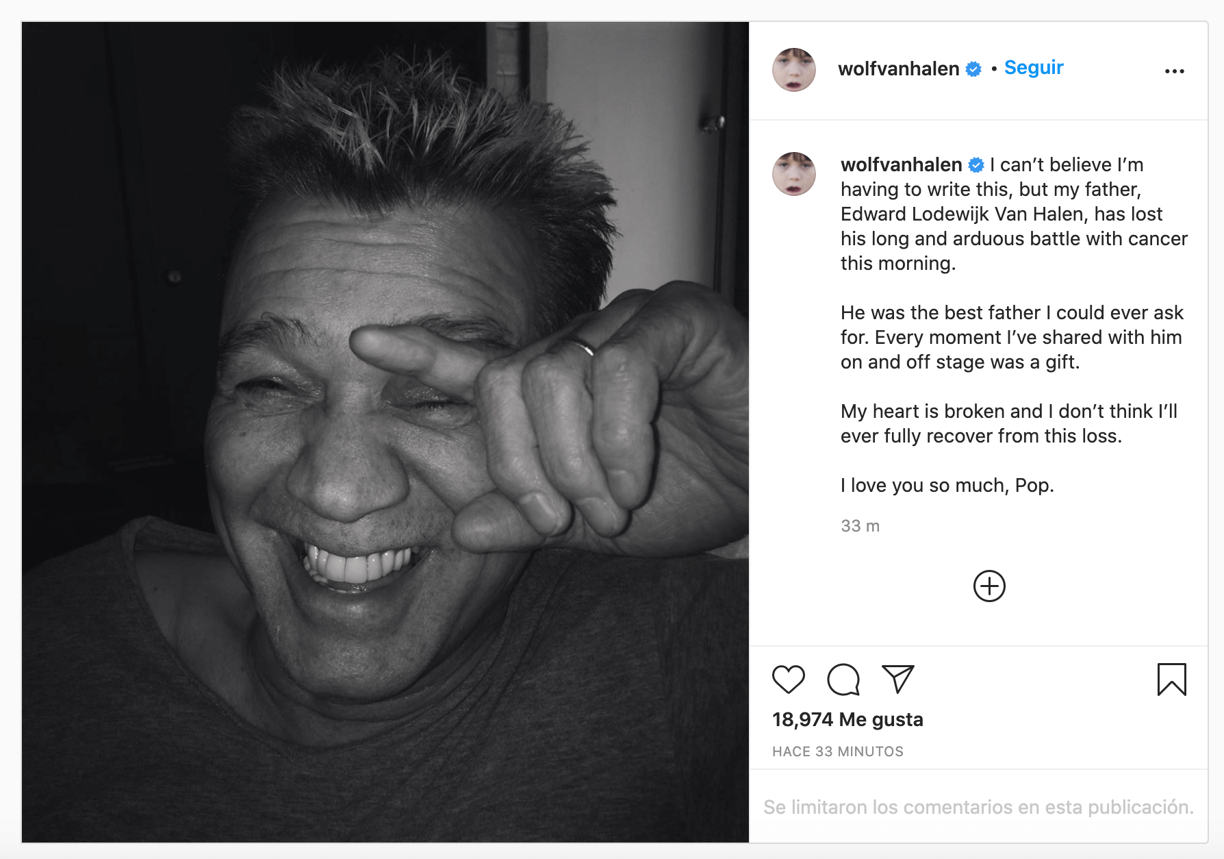 Hijo de Eddie Van Halen confirma su muerte