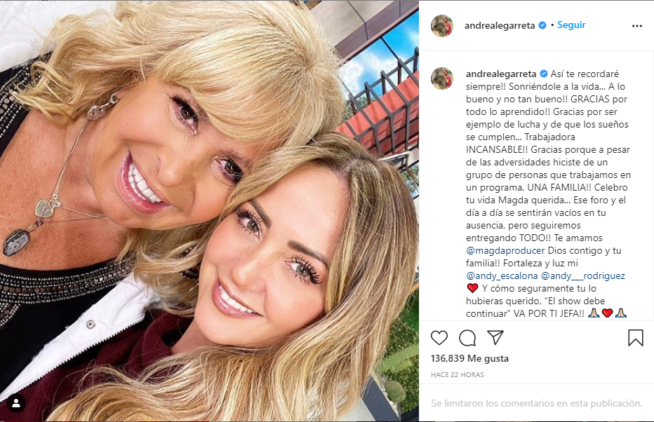 Andrea Legarreta rompe en llanto por Magda Rodriguez