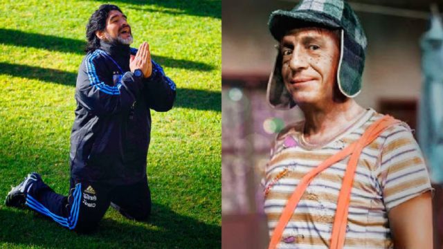 Diego Maradona hincado con el Chavo del 8