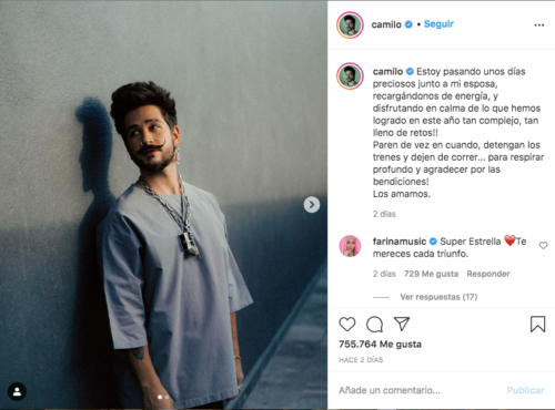 Cantante Camilo en instagram