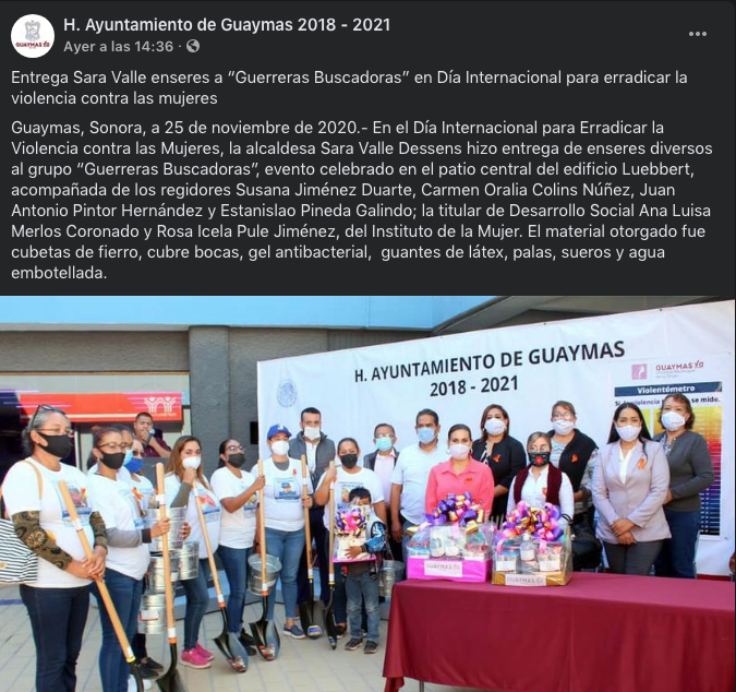 PublicaciÃ³n del regalo de palas para familias de desaparecidos