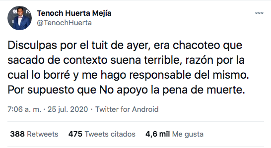 Tuit Tenoch Huerta disculpas