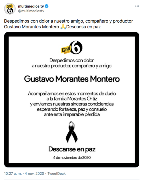 Tuit Multimedios muerte Gustavo Morantes