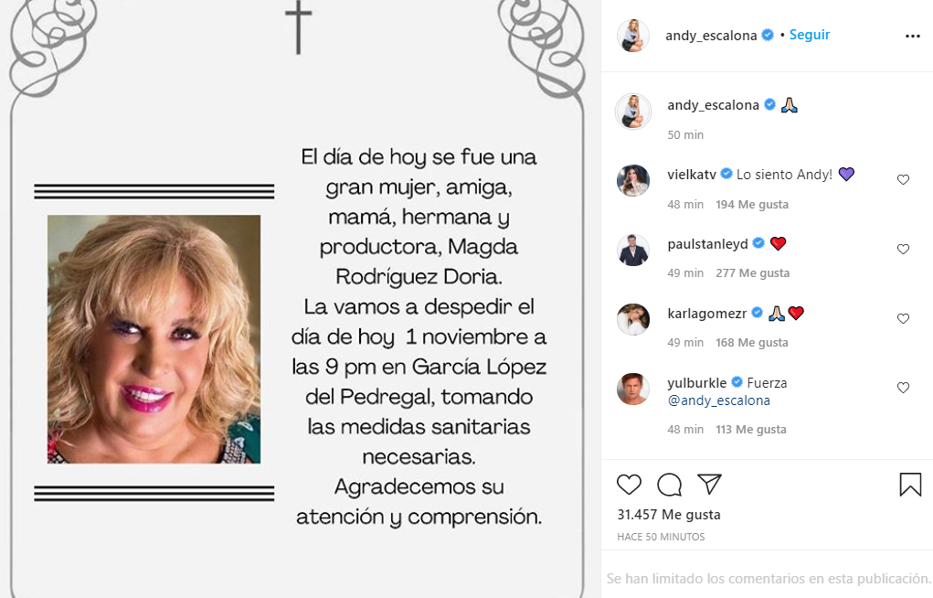 Andrea Escalona se despide de su mamá con mensaje conmovedor