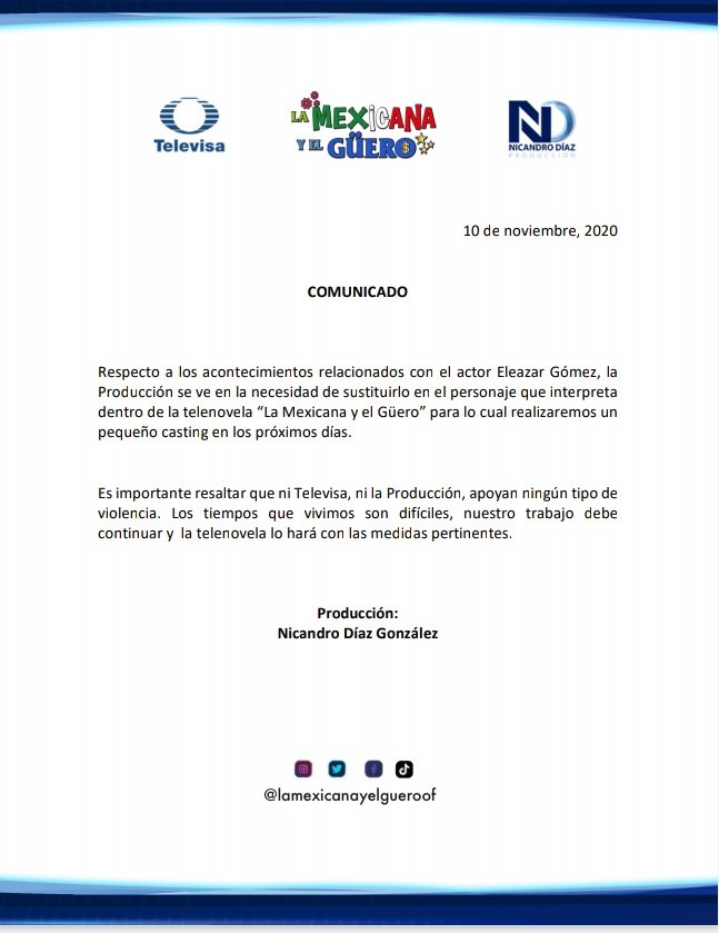 Eleazar Gómez sale de la telenovela La Mexicana y el Güero por violencia