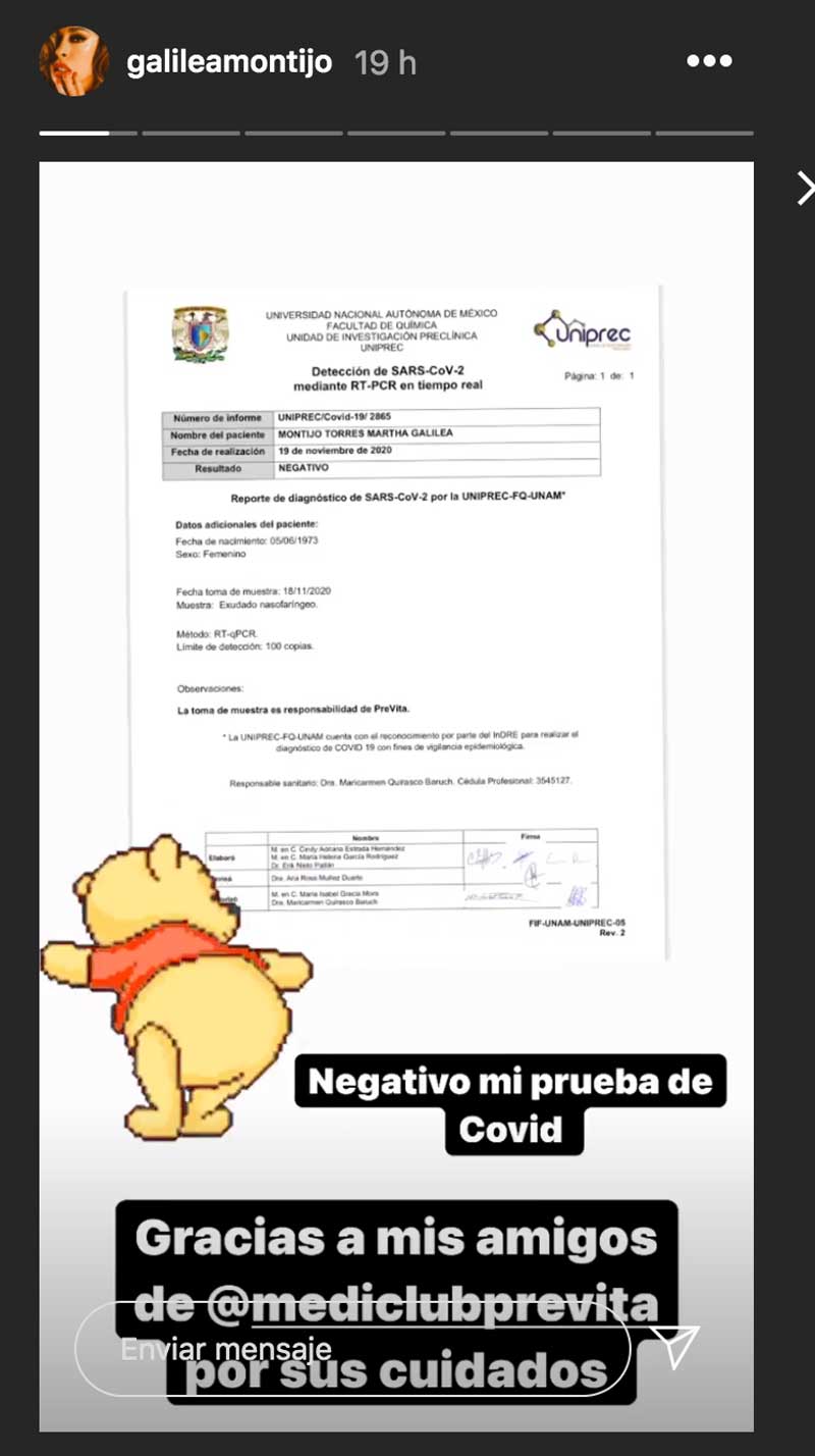 Galilea Montijo comparte su prueba de Covid-19 en la que dio negativo