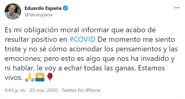 Lalo España, Germán de Vecinos, tiene covid-19