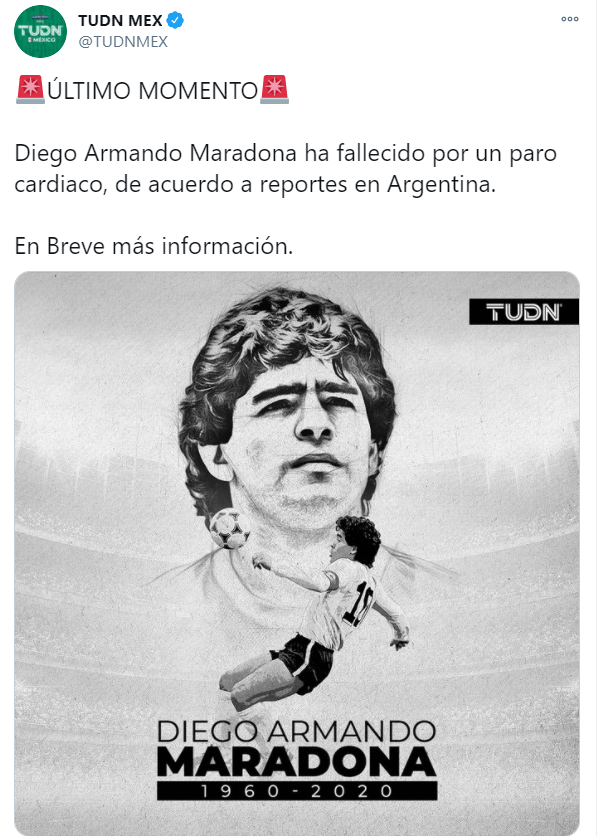 MuriÃ³ Diego Armando Maradona a los 60 aÃ±os de edad