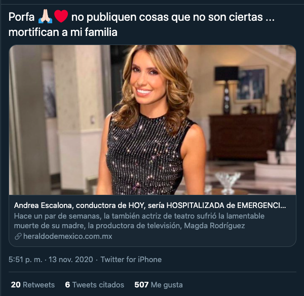 Andrea Escalona desmiente que esté hospitalizada por Covid-19