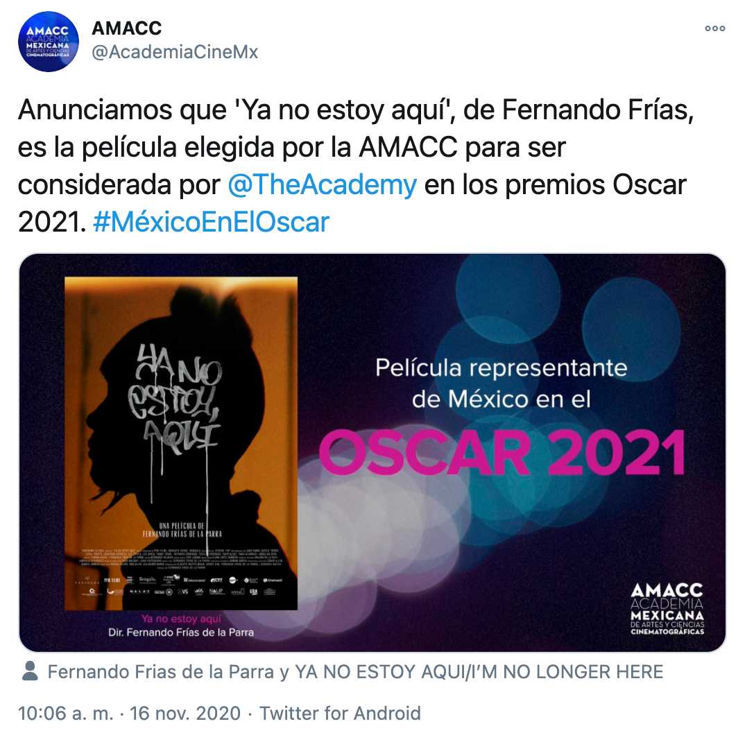 AMACC anuncia a Ya no estoy aqui como competidora del oscar