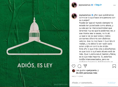 Joy en instagram por el aborto en argentina