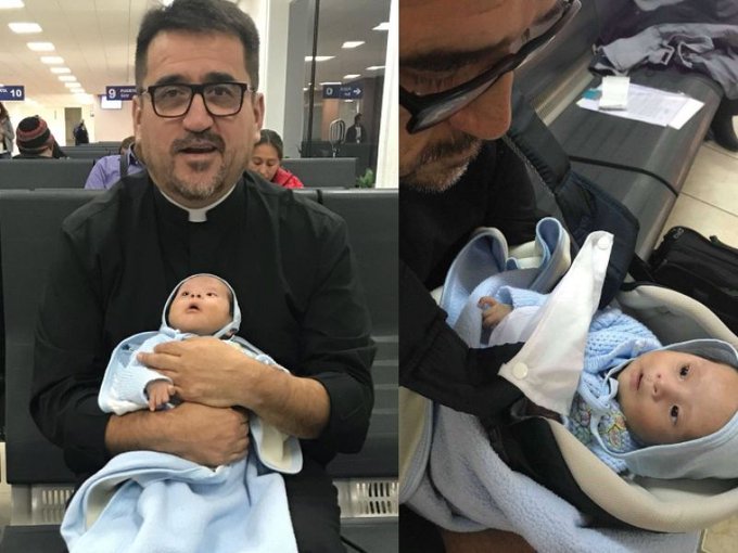 Sacerdote con su bebé adoptado
